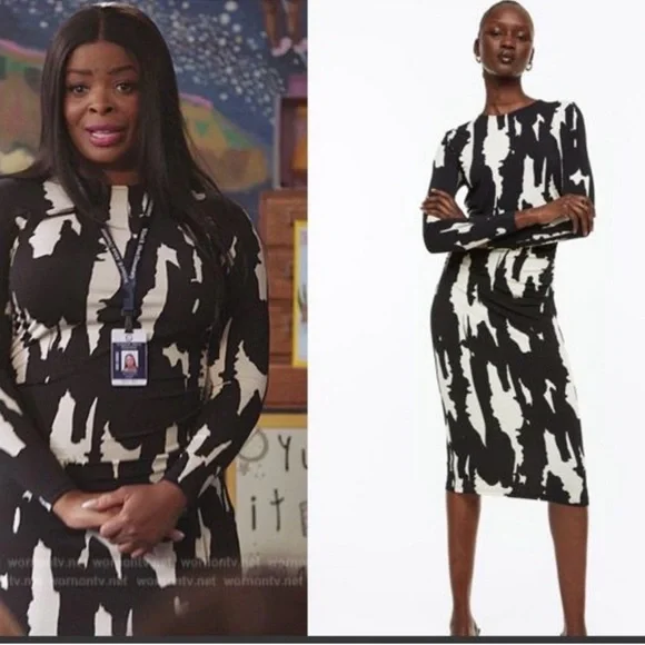 H&M Black White Abstract Print Ruched Midi Dress Long Sleeve Small - Picture 2 of 5